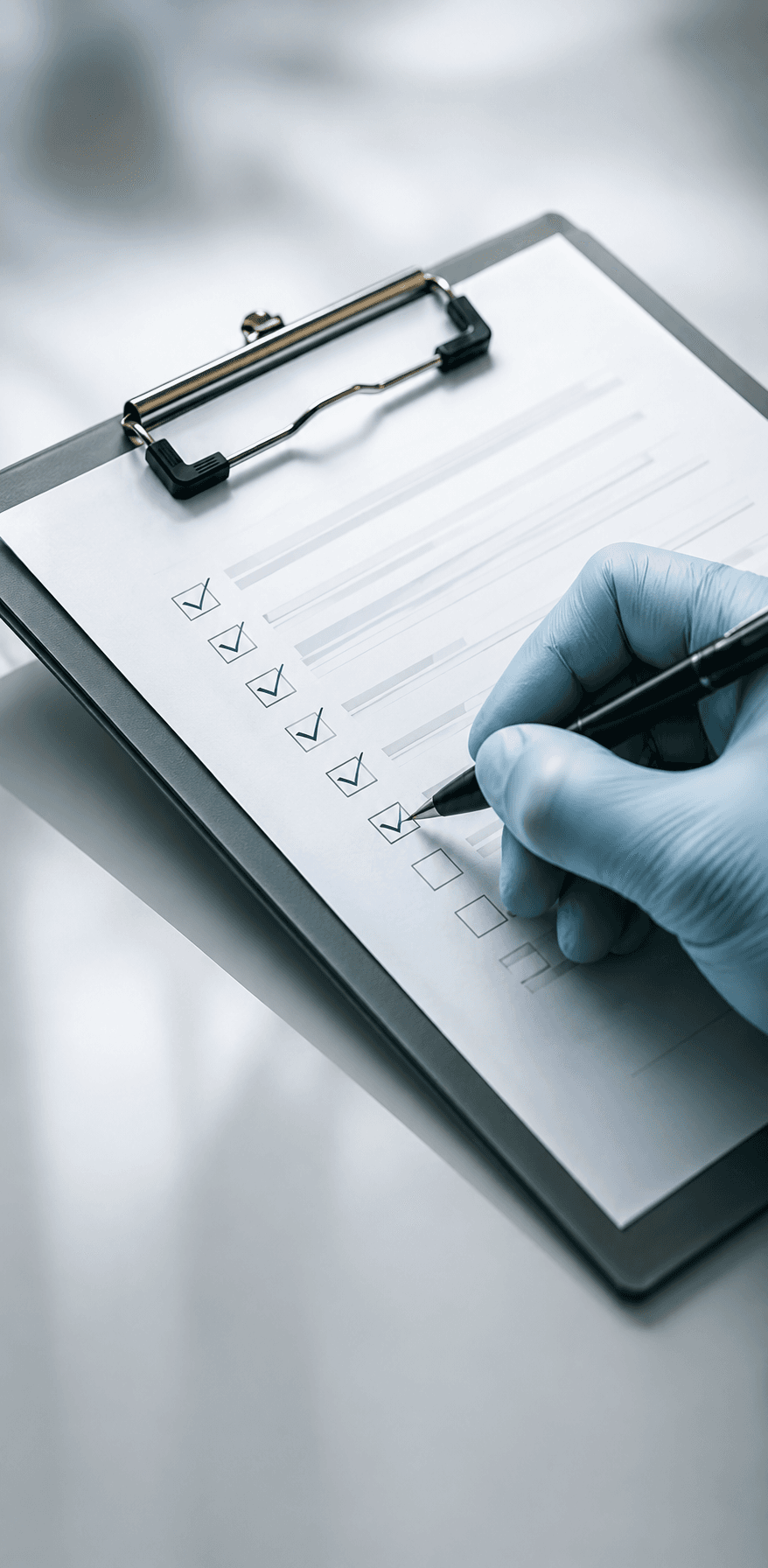 Quality checklist with gloved hand