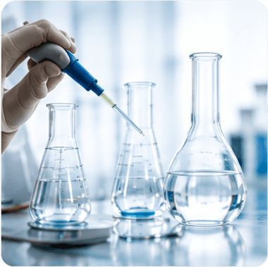 Scientist pipetting into flasks