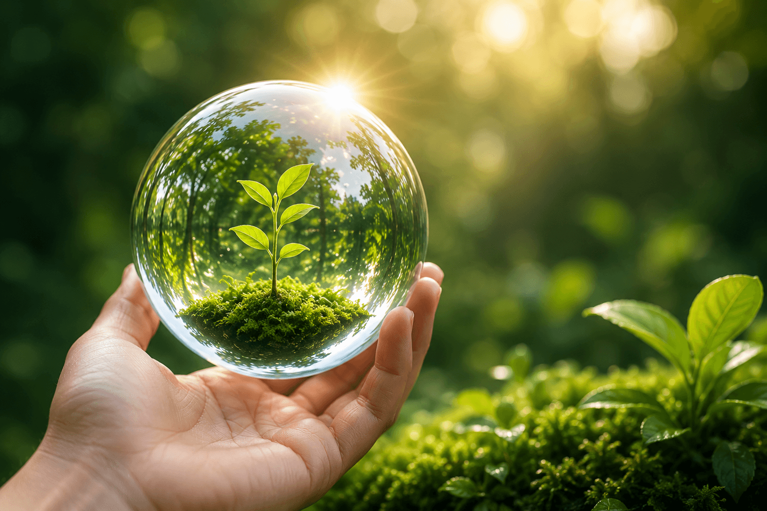 Hand holding glass globe with seedling